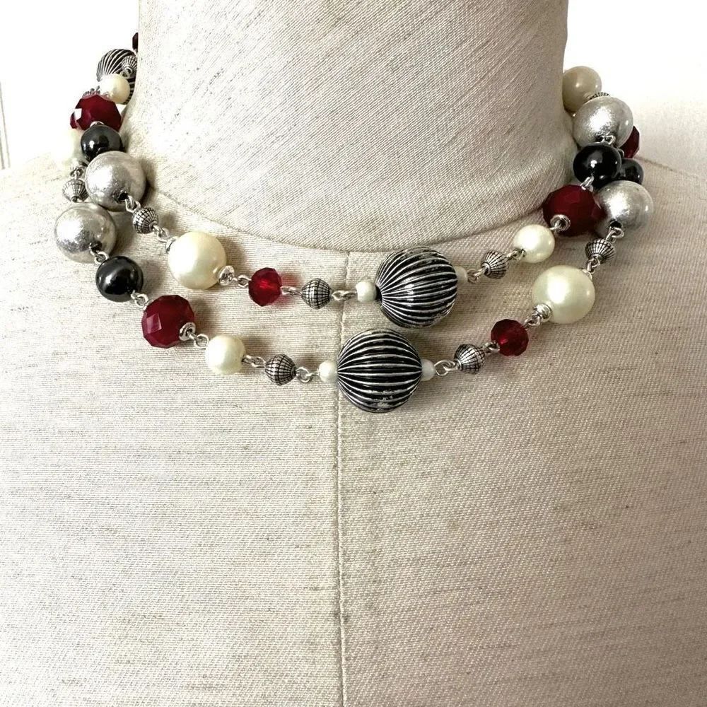 Premier Designs faux pearl red silver long necklace